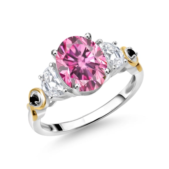 Gem Stone King 925 Silver and 10K Yellow Gold 3-Stone Ring Oval Pink and White Moissanite (2.51 Cttw, Size 6)