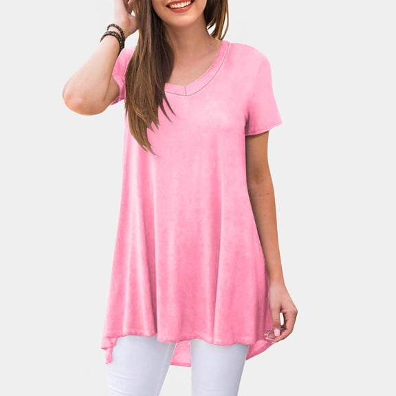 ALLLIST Women's Tops Short Sleeve V Neck Holiday T-Shirts Pink Solid Casual Tunic Clothing for Women
