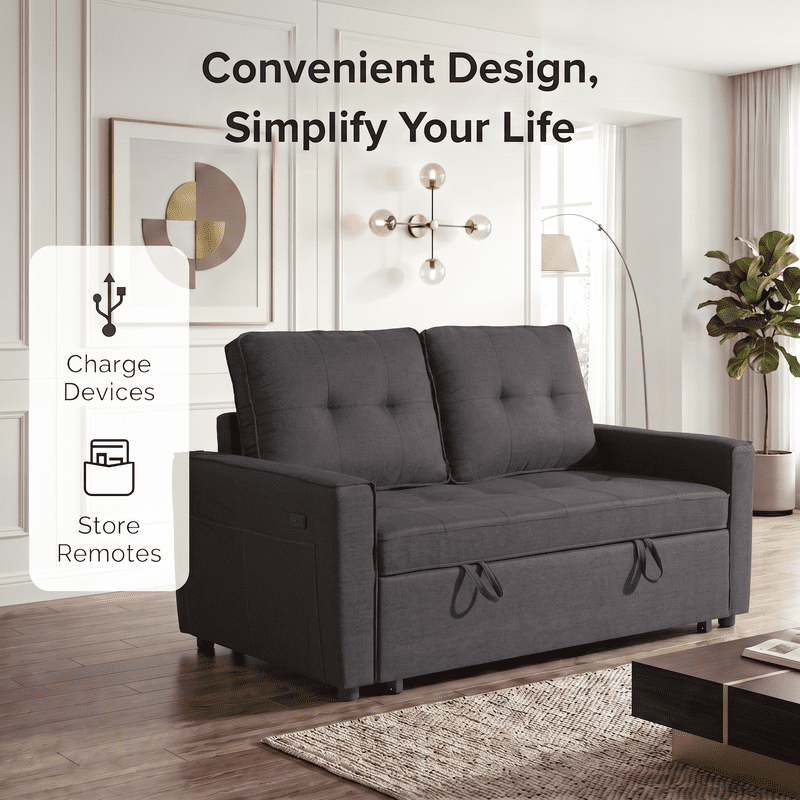 Gewnee 53” Sofa Bed, 3 in 1 Convertible Loveseat Sleeper Sofa, Pull Out Couch with USB Port, Futon Sofa Bed with Storage Pockets for Small Spaces, Teddy Fabric,Gray