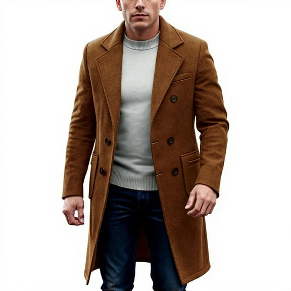 Havenx Men's Trench Coat Single Brested Long Coat Wide Notch Lapel Collar Wool Blend Pea Coats with Pockets 2025 Winter Warm Slim Fit Fashion Jackets,Brown 2XL