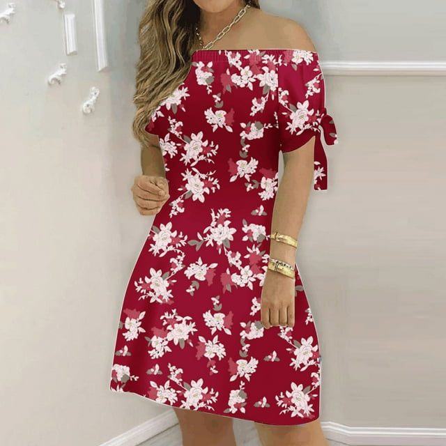 LOVZFMLL Robe pour Femmes Mode Été Aguichant à Épaules Dénudées Manches Courtes Imprimée avec Poches Rouge 3TG