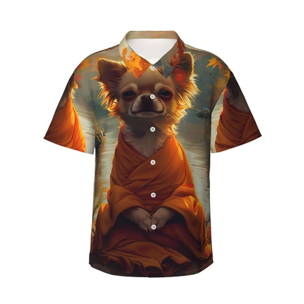 Balery Maple Leaf Meditating Chihuahua Camisas hawaianas de manga corta para hombre, camisas playeras de corte holgado, camisas de vacaciones con botones,Large