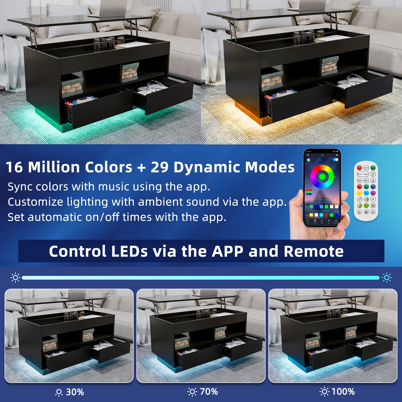 Hommpa Lift Top Coffee Table with LED Light 4 Tier Modern Center Tables with 2 Storage Drawers Hidden Compartment Open Shelves for Living Dining Room