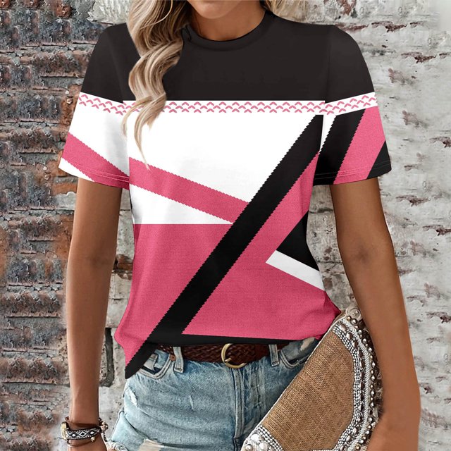 Womens Fashion Print Tops Short Sleeve Out Blouse Round Neck T-Shirt Tops