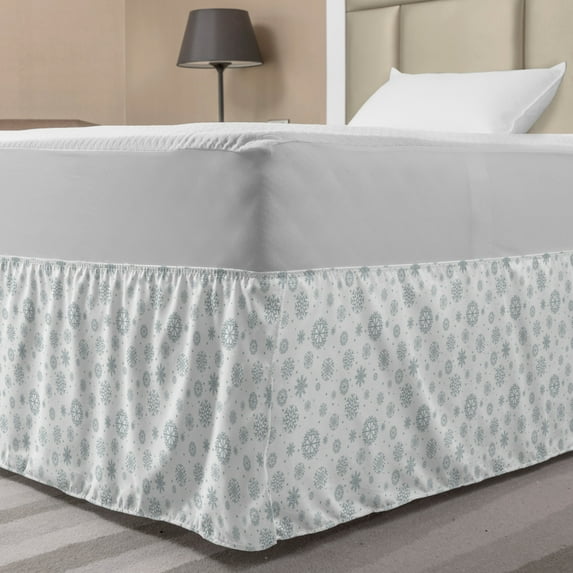 Winter Bed Skirt, Pattern Ornate Snowflake Motifs and Dots Retro Christmas Inspired Repetitive, Elastic Bedskirt Dust Ruffle Wrap Around for Bedding Decor, 4 Sizes, Grey White, by Ambesonne