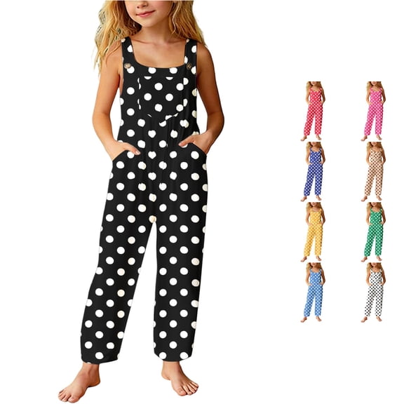 TBWNWG Girls Casual Wide Leg Romper Polka Print Front Pockets Kids Stylish Loose Fit Piece Jumpsuit for Children Daily Wear