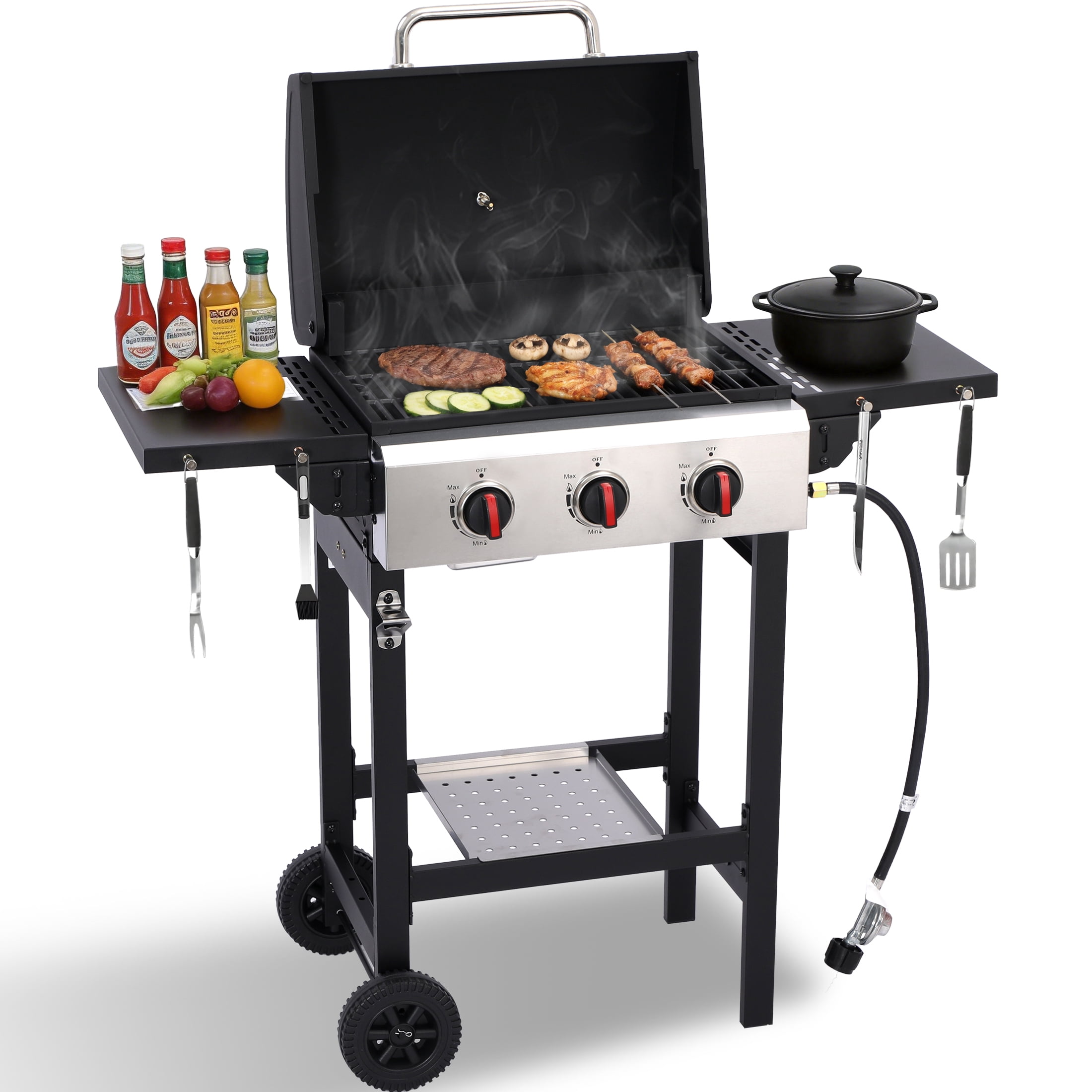 CIG GARDEN 3-Burner Propane Gas Grill with Folding Side Tables, Cast Iron Grates, and Stainless Steel Grill Pan