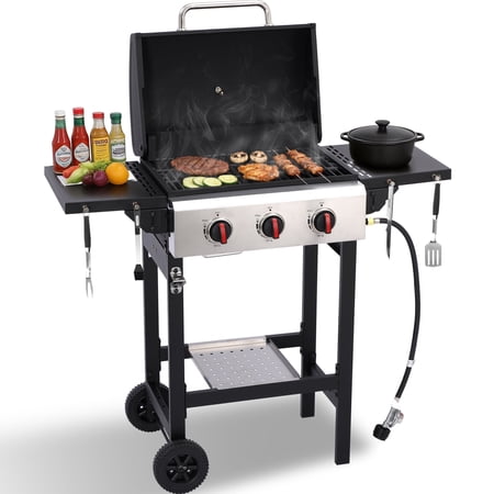 CIG GARDEN 3-Burner Propane Gas Grill with Folding Side Tables, Cast Iron Grates, and Stainless Steel Grill Pan