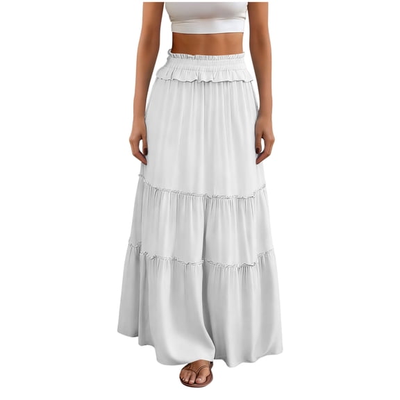 MGDXOX Women's Ruffle Tiered Maxi Skirt Elastic High Waist Flowy A-Line Long Skirt Casual Solid Color Swing Skirt for Women White XL