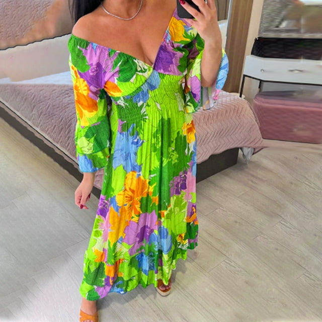 QIPOPIQ Robes pour Femmes Plissées Taille Haute à Étages Manches Courtes Robe Midi Tendance Décontractée Robes Élastiques Robe d'Été Taille Col en V Imprimé Manches 3/4 Robe Ample Offres 2023
