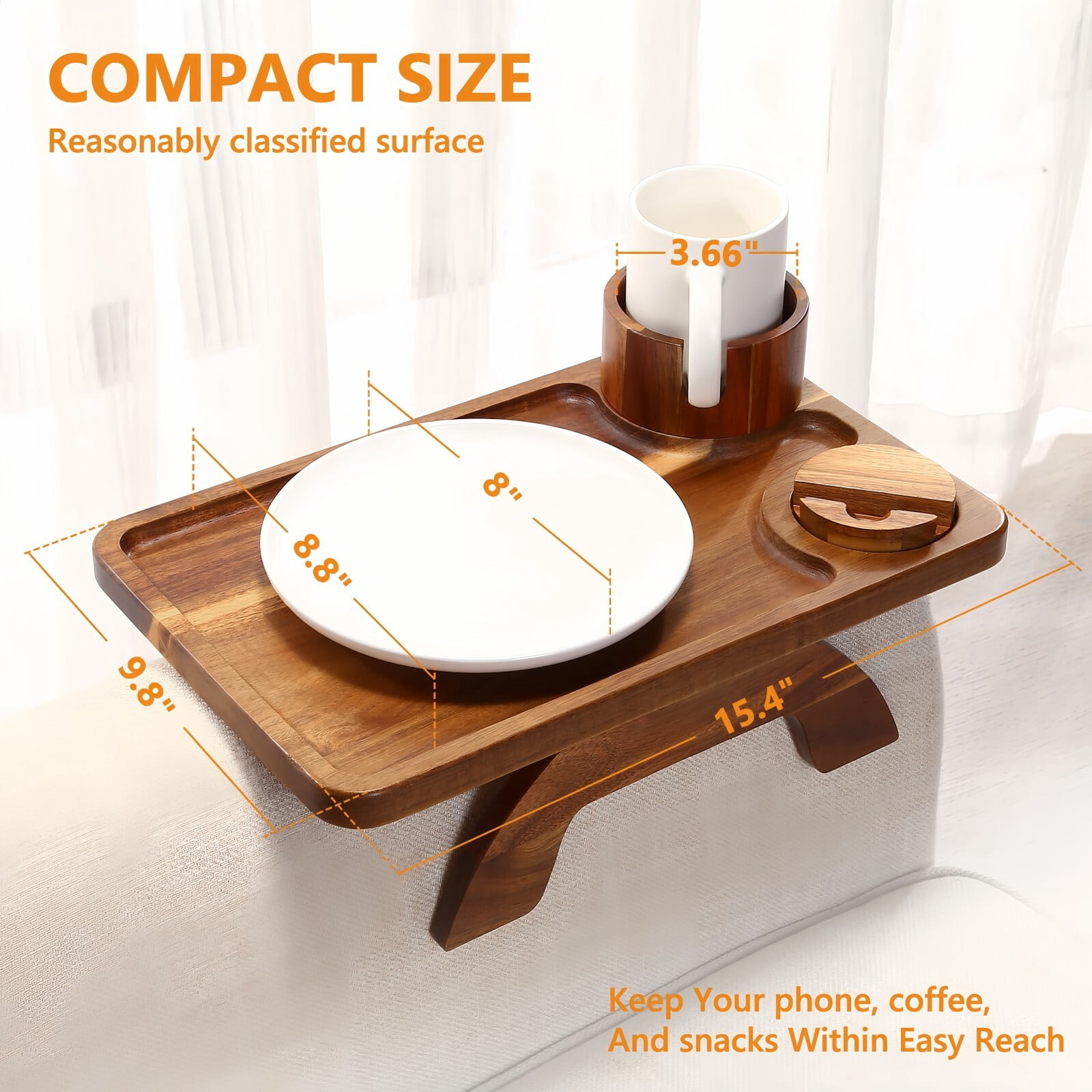 Kelno Couch Armrest Tray 3 in 1 Sofa Arm Tray Table with Swivel Cup Holder Phone Stand, Acacia