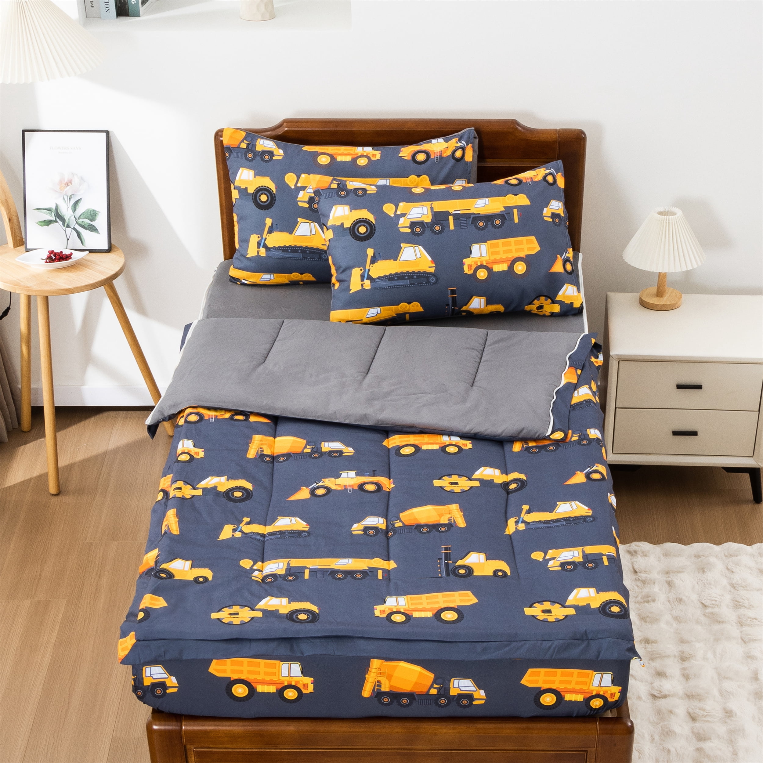 Btargot Gray Car Zipper Twin Comforter Set for Boys Construction Truck Tractor Bedding Set