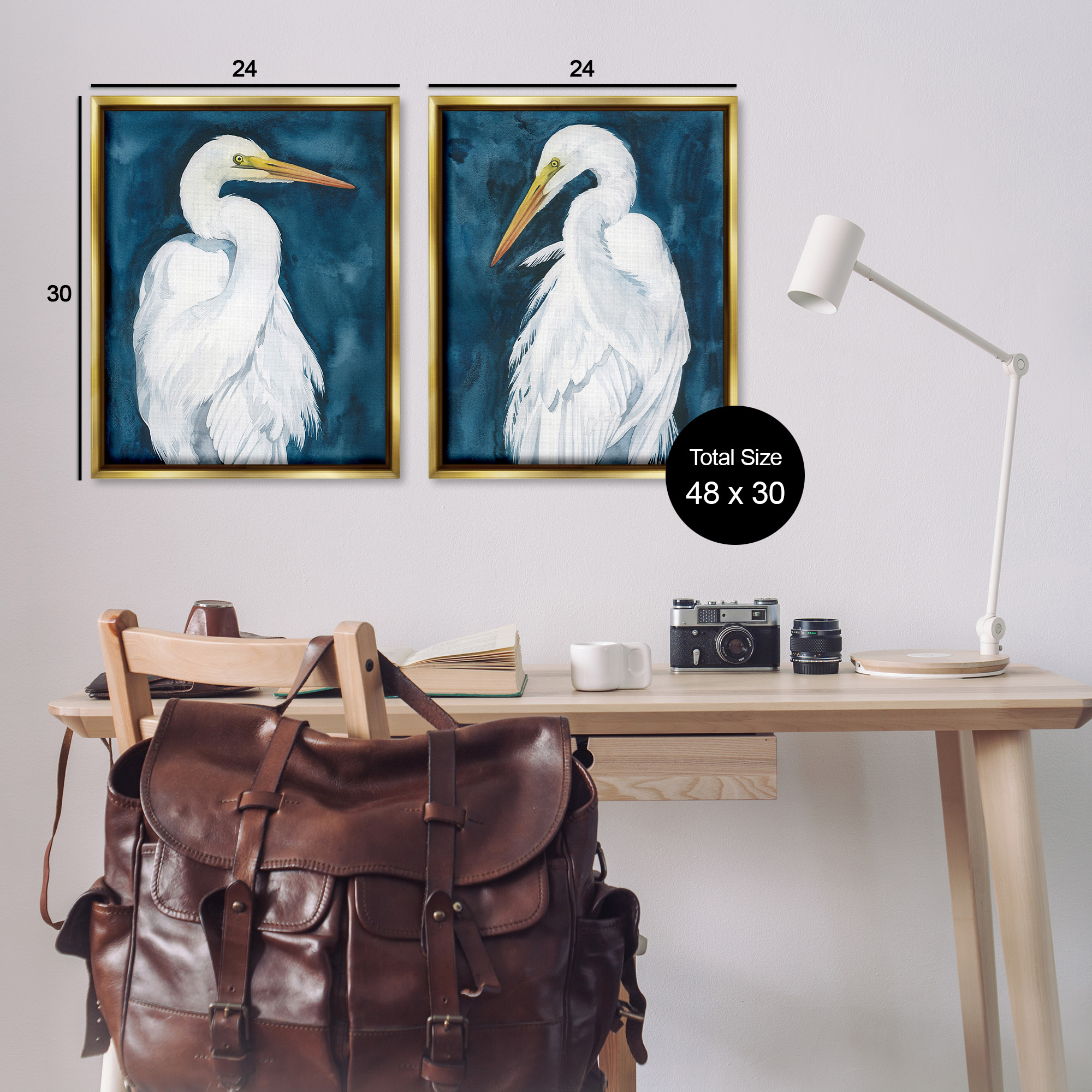 Stupell Industries Elegant Egrets on Blue Animals & Insects Painting Gold Floater Framed Canvas Art Print Wall Art, 25 x 31, Set of 2