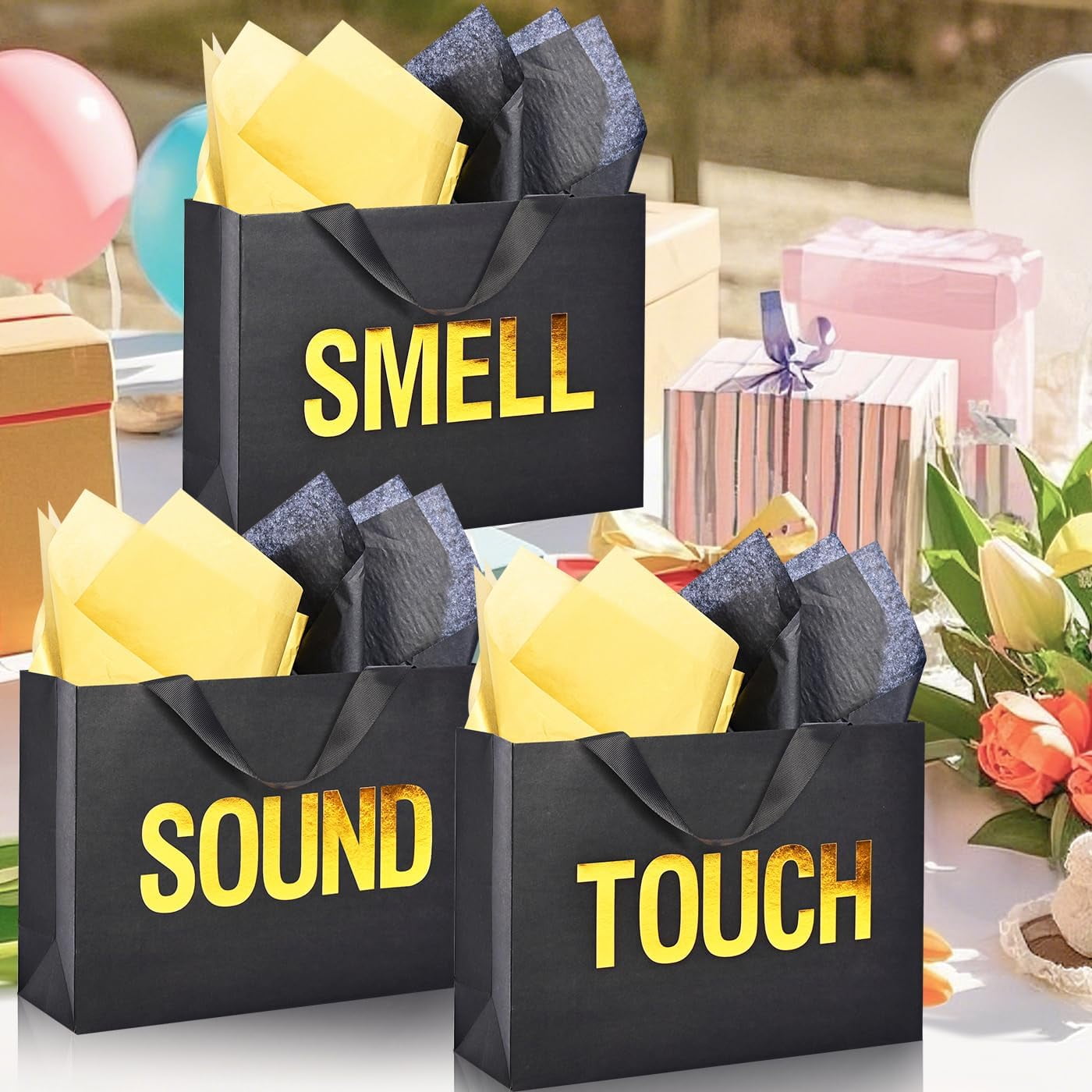 DECHISY 5 Senses Gift Bags, Gold Foil Sight Smell Touch Taste Sound Gift Bags,Five Senses Gift Bag for Him with Handles and Tissue Paper for Birthday, Mothers Day, Anniversary, Christmas(12.