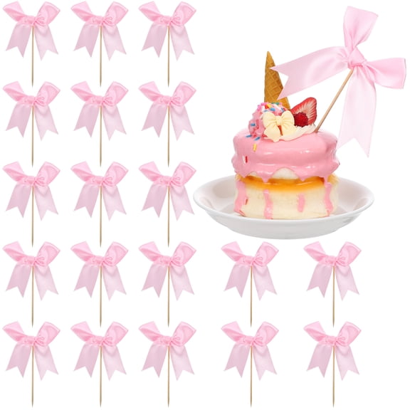 OFFIGAM 20pcs Bow Cake Topper Cute Cake Picks Decorative Ribbon Bows Cupcake Toppers Dessert Picks For Birthdays Weddings Parties