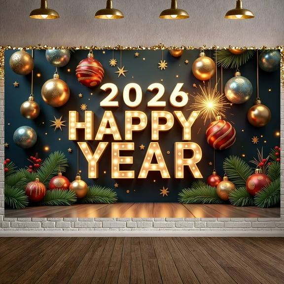 Gold Letter Happy Year Banner Festive Ornament 2026 New Year Display Red Gold Ball Sparkler Firework Festive Backdrop for New Year Party Holiday Celebration Indoor Decoration