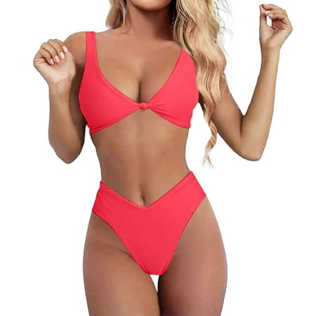 Bikini Set for Women Romper with Skirt Overlay for Girls with Stripes Solid V Neck Knot Mesh Swimsuit Top Front Push Up High Plus Size Push Up Swimsuits for Women Leg Thong Two Piece Swimsuit