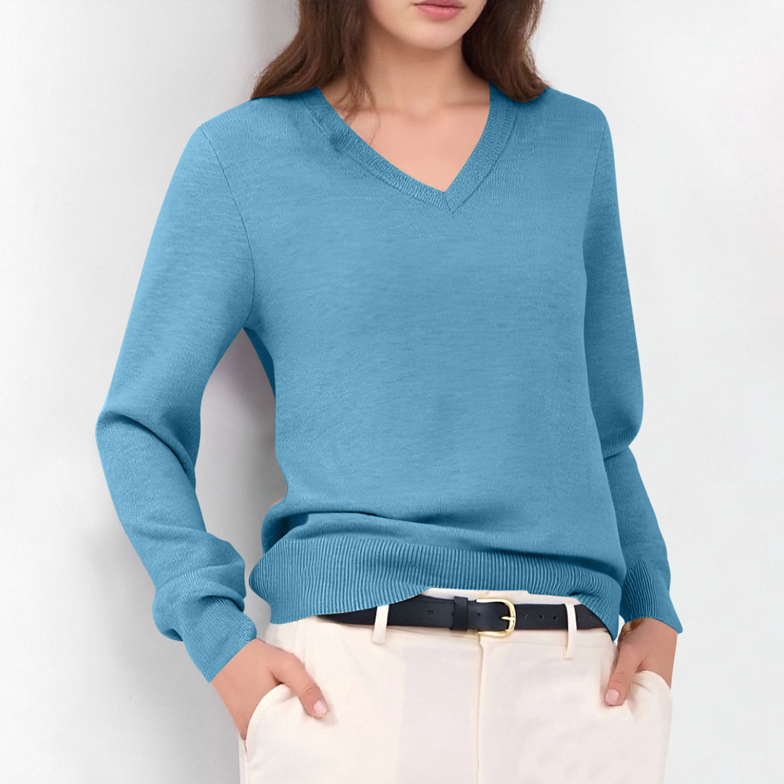 Hvot&aat Womens Solid Color Knitting Sweater Long Sleeve V Neck Classic Pullover Soft Lightweight Tops