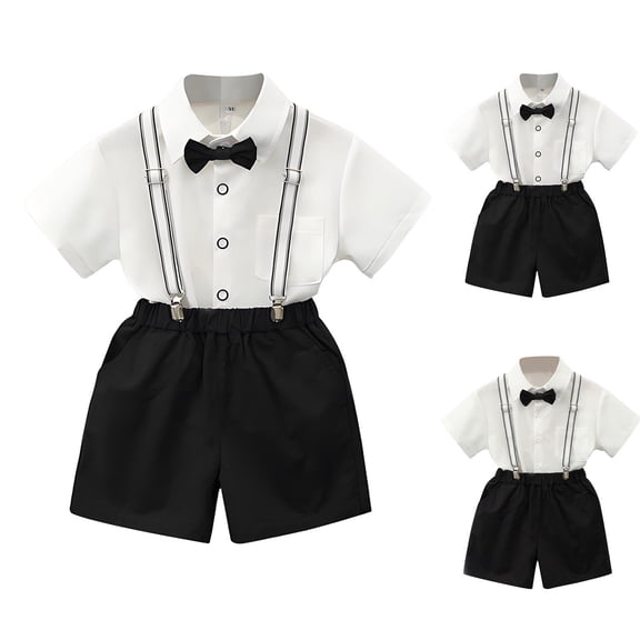 HBGVBA Toddler Boys Short Sleeve Top,Suspender Shorts Outfit,1-12 Years British Style Solid Bow 4 Piece Dress Up Set