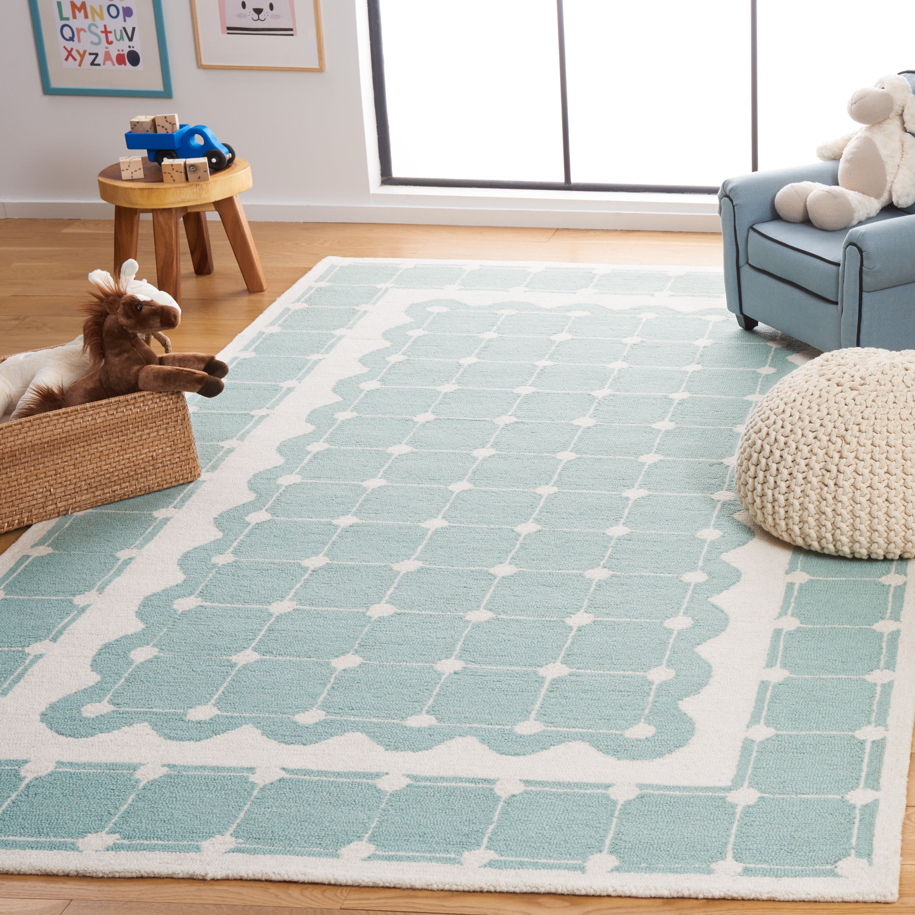 SAFAVIEH Kids Bordered Swivel Lattice Area Rug, Turquoise/Ivory, 5' x 5' Square