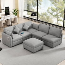 EUROCO 85.4" 5-Seat Sectional Sofa Bed,L-Shaped Sofa Couch with 2 USB Ports, a Movable Ottoman and Chenille Fabric,Modular Sleeper Sofa Couch for Living Room or Apartment,Light Grey