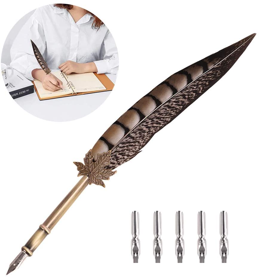 Feather Quill Pen Antique Feather Dip Pen Calligraphy Set - 5 Metal ...