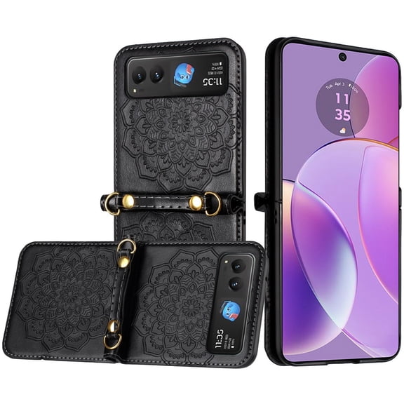 For Motorola Razr 2025 2024 METKASE Embossed Floral Design Case Cover with Strap in Slide-Out Package - Black