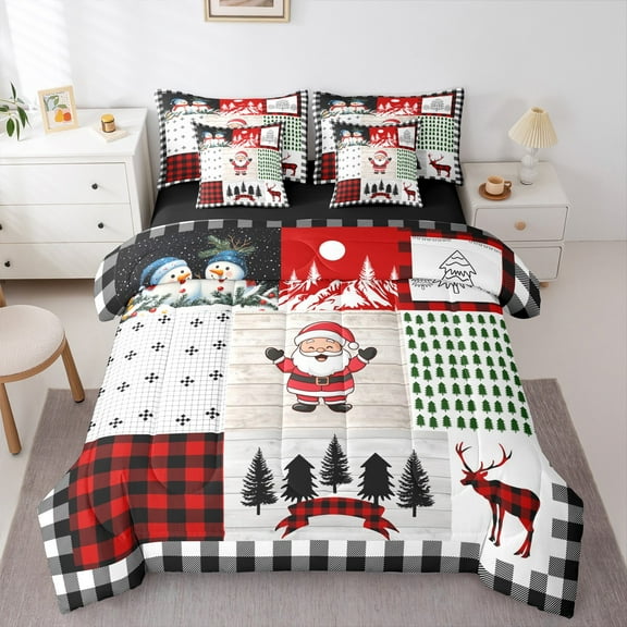 Manfei Cartoon Santa Claus Twin Bedding Sets 7-Piece for Child, Merry Christmas Bedding Comforter Set, Patchwork Plaid Reversible Sheet Sets, Microfiber Bedroom Decor