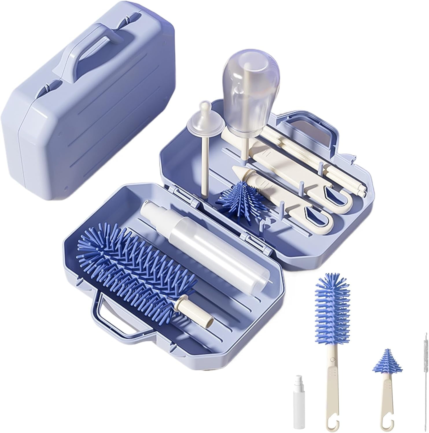 Travel Baby Bottle Cleaner Kit: 6 in 1 Extendable Silicone Baby Bottle Cleaner Brush Set with Drying Rack, Nipple Brush,Straw Brush,Soap Dispenser, Organizer Case, Baby Travel Essential (Pink)