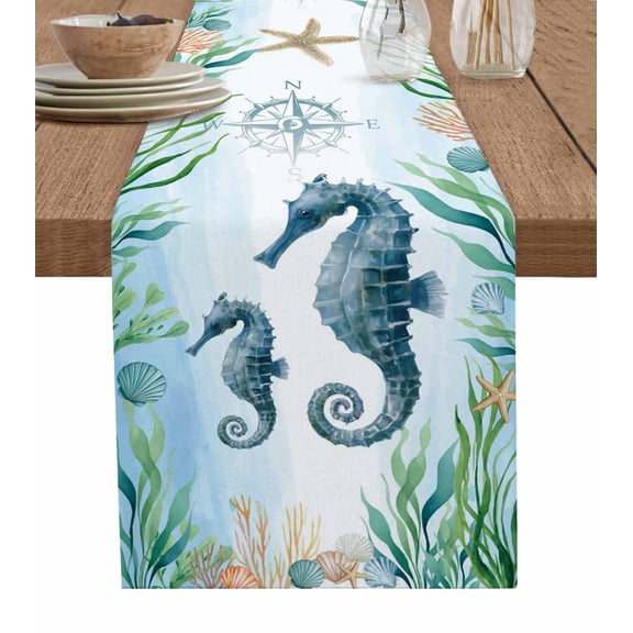 Coastal Seahorse Table Runner 72 Inches, Blue Green Ocean Starfish Coral Nautical Bed Runner Dresser Scarves Tabletop for Indoor Outdoor Parties/Ceremony/Banquet, 14" x 72"