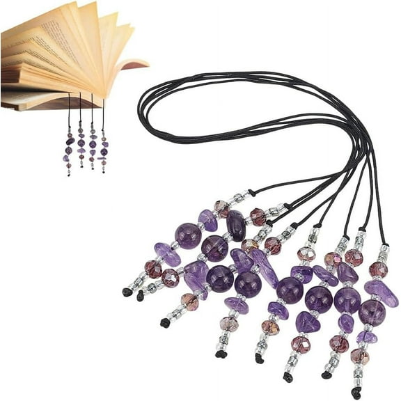 2 Pcs Amethyst Beaded Bookmark 11.8inch Long Natural Amethyst Beads Bookmarks Dark Orchid Glass Beads Bookmark with Amethyst for Office Reader Book Bookworms Teachers or Journal Tracker Brown