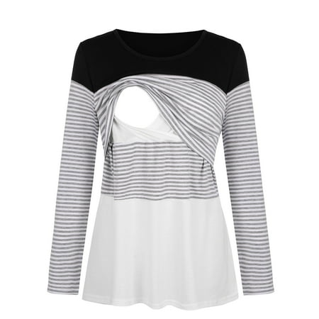 

Mnycxen Womens Maternity Long Sleeve Striped Print Nursing Tops Blouse for Breastfeeding