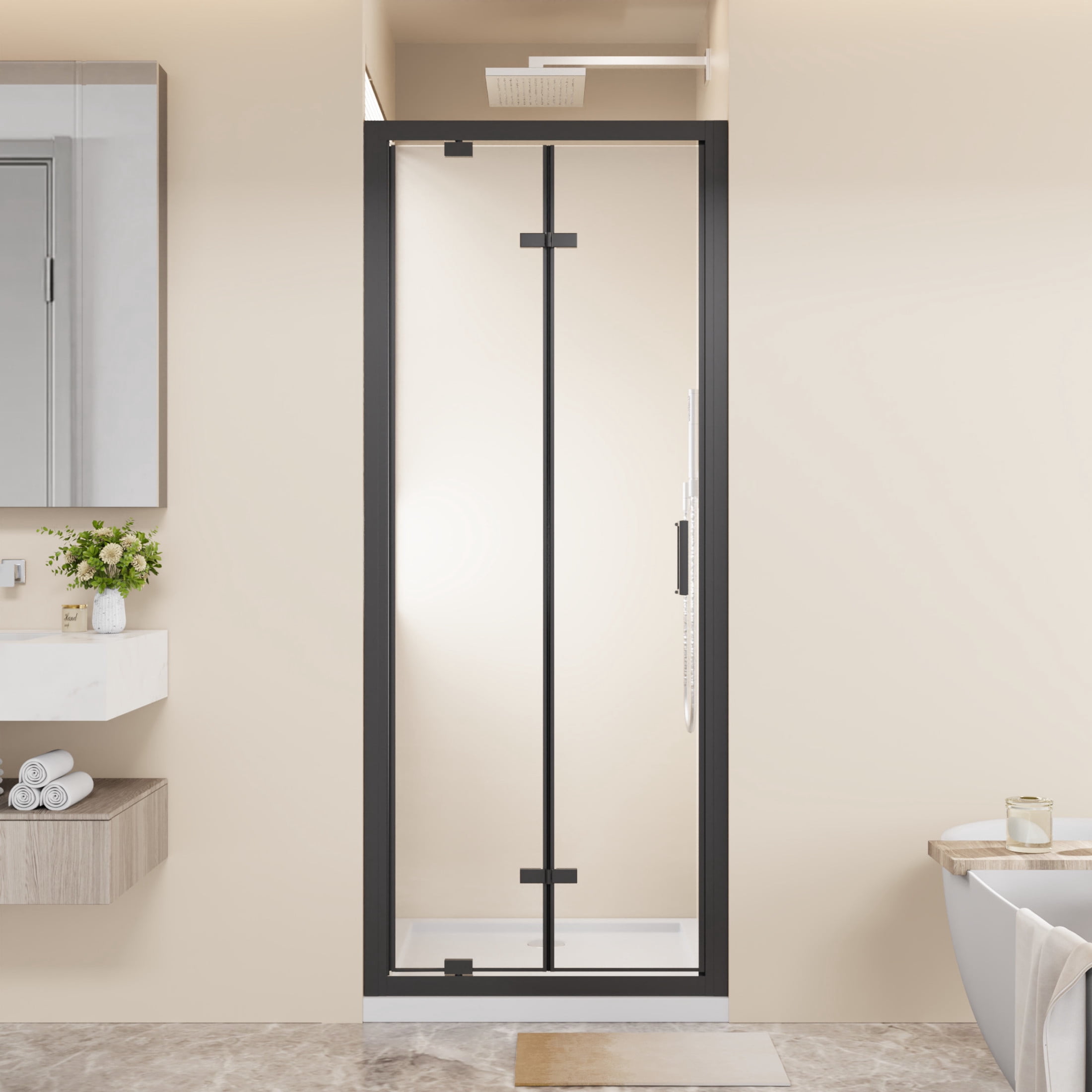 Noble House 30" x 72" Framed Bi-fold Pivot Shower Door, Clear Tempered Glass Space-Saving Folding Door, Matt Black