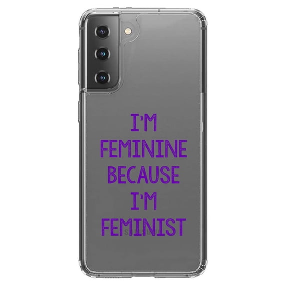 DistinctInk Clear Shockproof Hybrid Case for Galaxy S21+ PLUS 5G (6.7" Screen) - TPU Bumper Acrylic Back Tempered Glass Screen Protector - I'm Feminine Because I'm Feminist