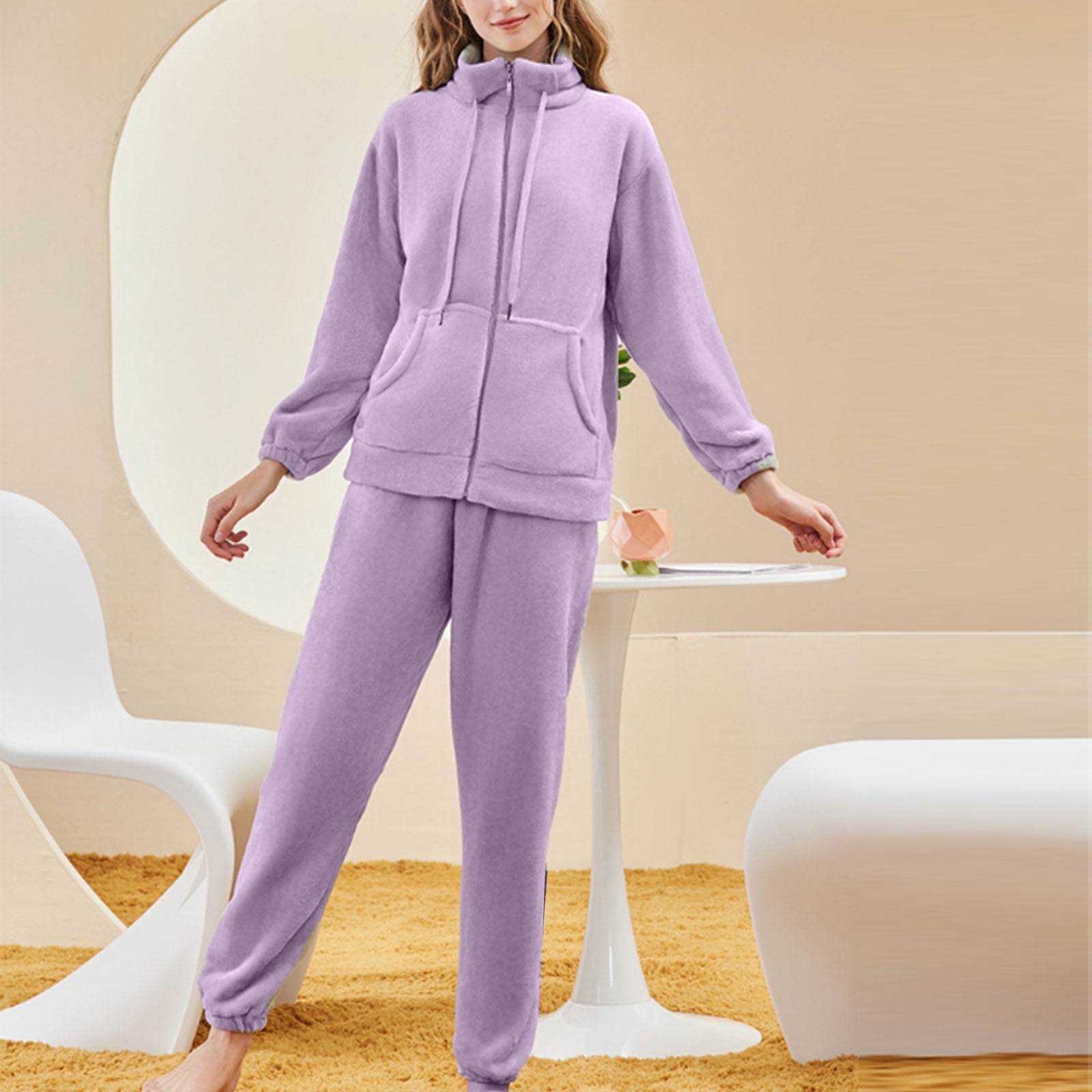 AherBiu Ensemble De Vêtements De Détente Pour Femmes, Chandail à Fermeture Éclair En Peluche Douce Avec Pantalon Chaud, Pyjamas En Polaire Duveteuse
