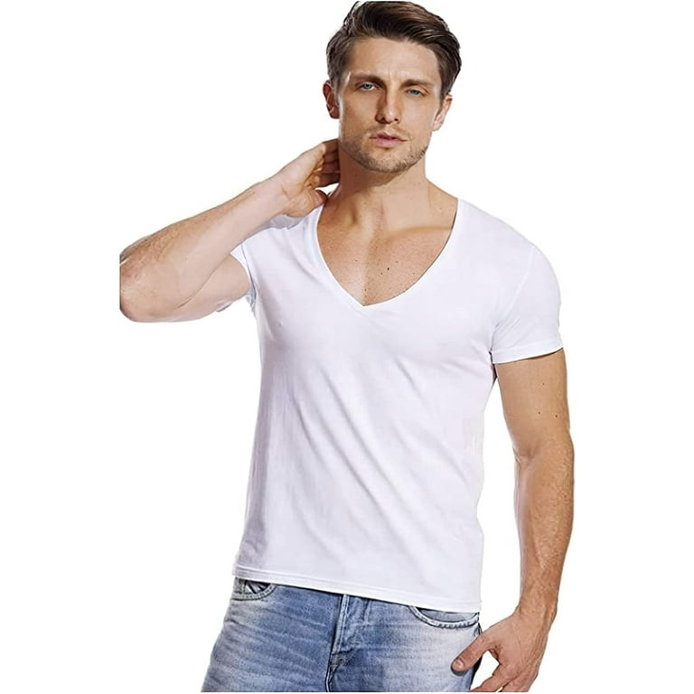 Deep V Neck Tshirt for Men Sexy Low Cut Wide Collar Top Tees Slim Fit T  Shirts