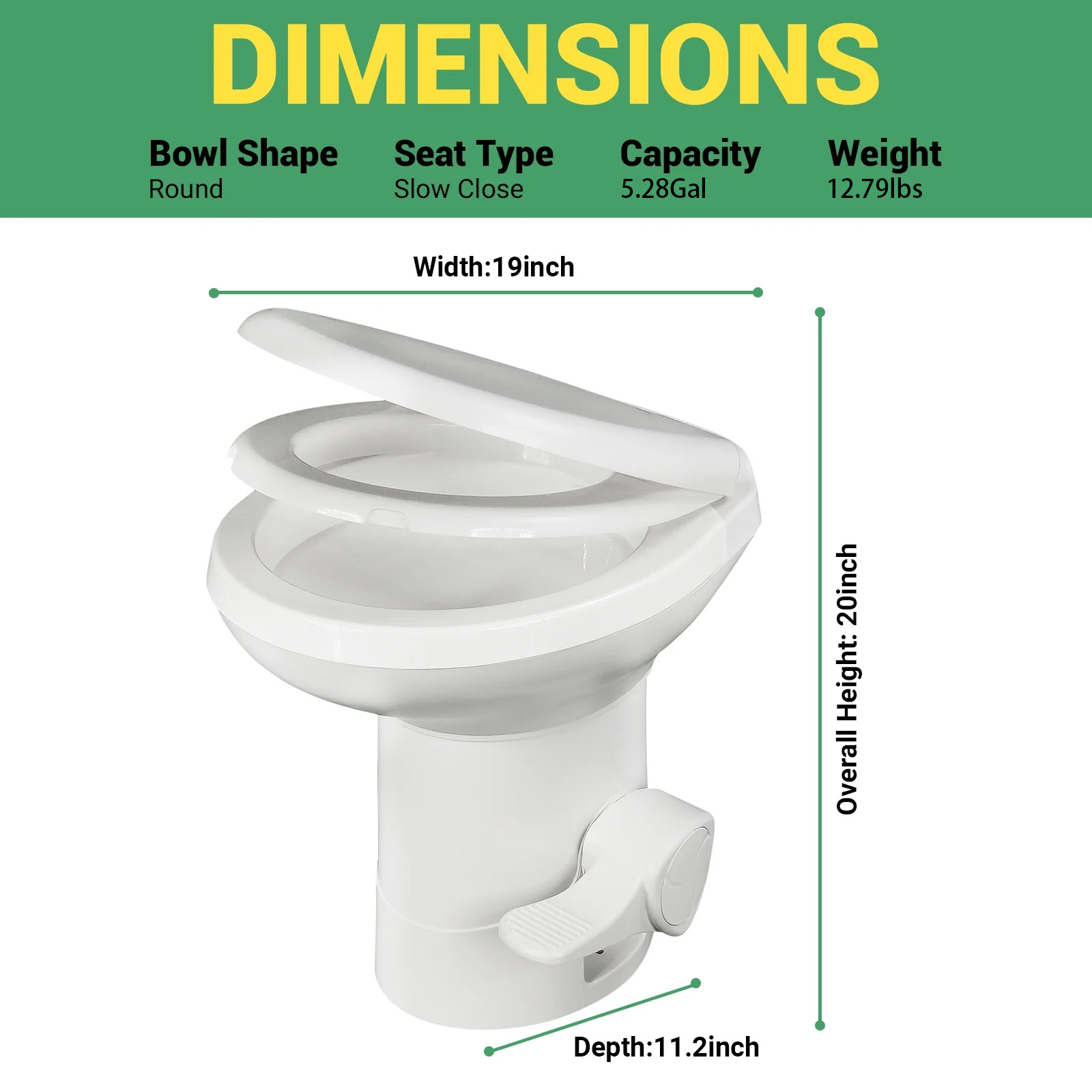 Portable RV Toilet With Pedal Flush, High Profile lightweight toilet - White