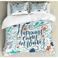 thumbnail image 1 of Beach Saying Duvet Cover Set Queen Size, Happiness Comes in Waves Hand-drawn Phrase with Fishes Starfishes and Seashells, Decorative 3 Piece Bedding Set with 2 Pillow Shams, Multicolor, by Ambesonne, 1 of 3
