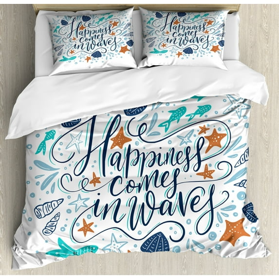 Beach Saying Duvet Cover Set Queen Size, Happiness Comes in Waves Hand-drawn Phrase with Fishes Starfishes and Seashells, Decorative 3 Piece Bedding Set with 2 Pillow Shams, Multicolor, by Ambesonne