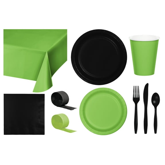Baxters Party Bundle Bulk, Tableware for 24 People Black and Lime Green, 2 Size Plates Napkins, Paper Cups Tablecovers and Cutlery, Box of 199