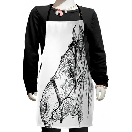 

Animal Kids Apron Engraved Inspired Artwork of a Horse Head on a Plain Background Boys Girls Apron Bib with Adjustable Ties for Cooking Baking Painting Charcoal Grey and White by Ambesonne