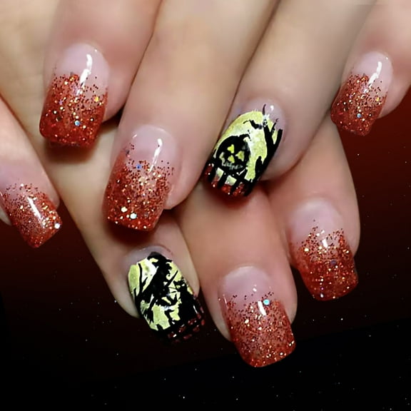 Yoyauz 24PCS Generous Nail Fake Nail with Red Glitter Yellow Pumpkin Ghost Design Charm Acrylic Nail Halloween Suitable for Girls and Women