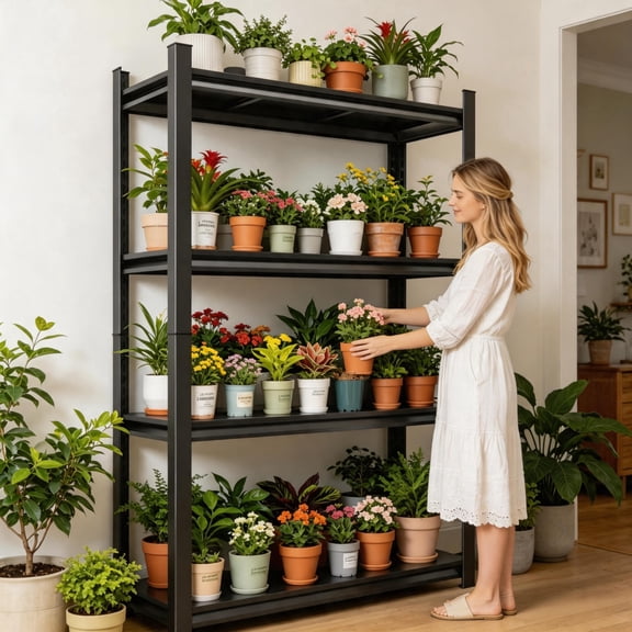 4-Tier Gardening Storage Rack, Heavy-Duty FreeStanding Green Plant Stand, Rust-Proof Home Floral Rack, 2500lb, Adjustable Shelves for Small Apartment Balcony Bedroom & Living Room