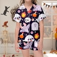 thumbnail image 2 of JIAYUE Girls Halloween Pajamas Elegant Adorable Print With Buttons Notch Collar Cozy Short Sleeve Tops And Shorts Sleepwear Set Casual Loose Home Sleep Lightweight Loungewear,10-11 Years, 2 of 8