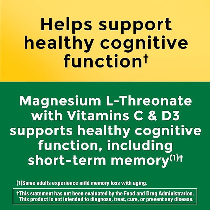 Nature Made Magnesium L-Threonate with Vitamin C & Vitamin D3, Provides 130 mg of Magnesium from 1800 mg Magnesium L Threonate, Cognitive Support Magnesium Supplement, 90 Capsules, 30 Day Supply