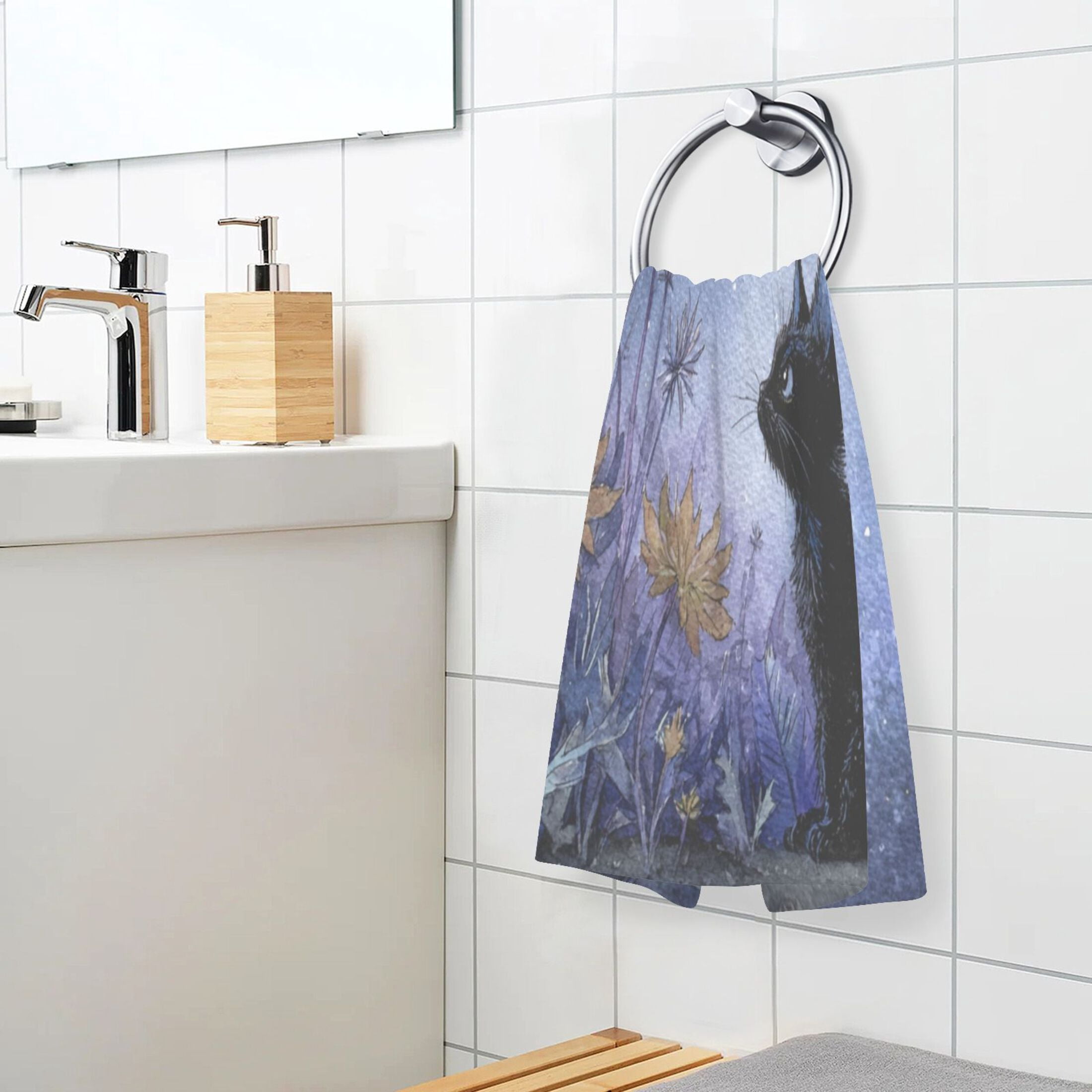 Cotton Towel Two-Piece 16x28 Inch One Sizex2 Face Towel Set Towel Set Cotton Hand Bath Towel Bathroom Beach Watercolor Black Cat