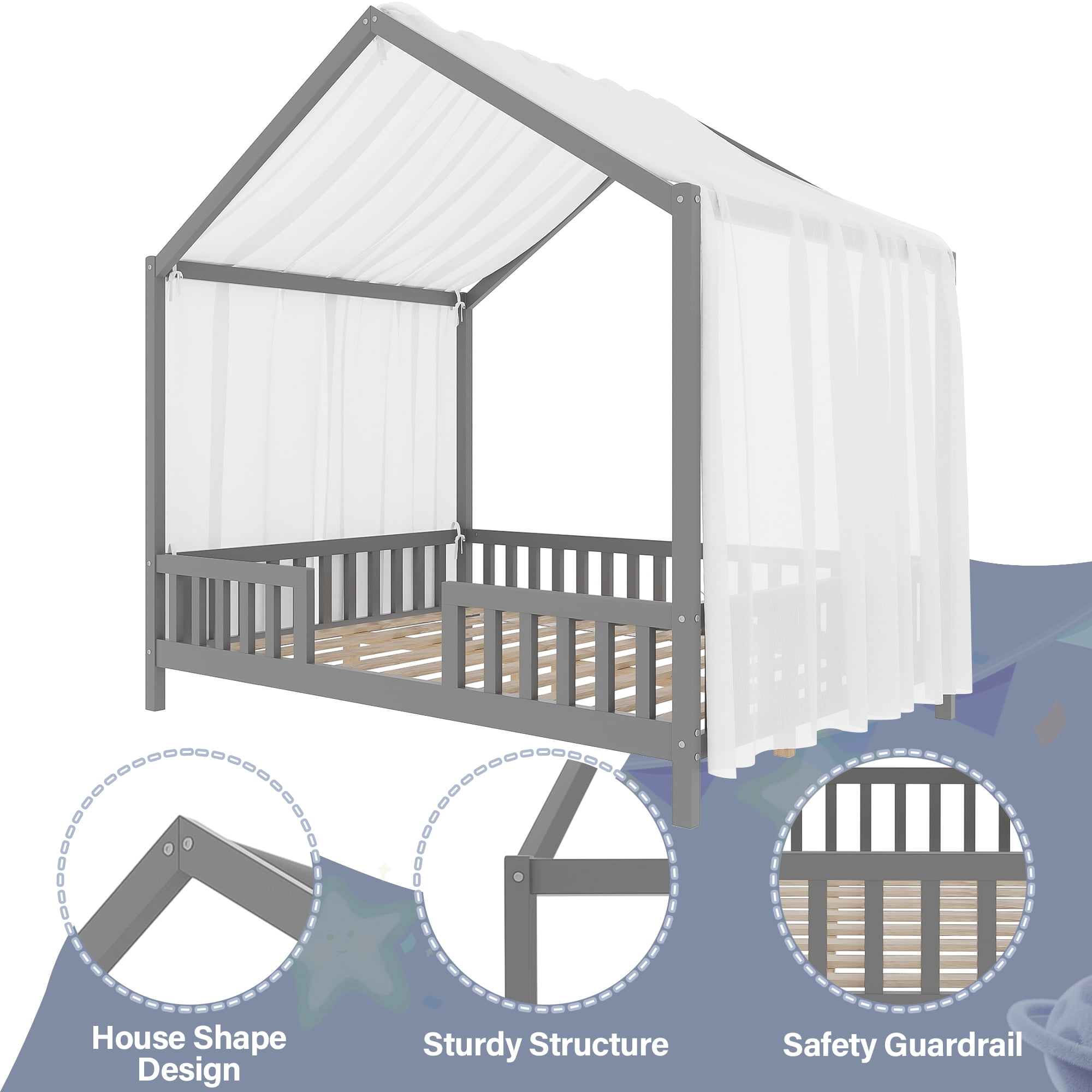 MODERNLUXE Full Size Montessori Floor Bed with Canopy,House Bed Frame with High Railings and Roof,Wood Tent Bed for Teens Girls & Boys,Grey