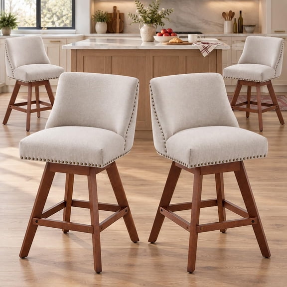Modern Swivel Bar Stools Set of 4, Beige Counter Height Bar Stools with Back for Kitchen Island, Fabric Upholstered Island Chairs with Wood Legs, Barstool Chairs, Sillas para Barra de Cocina