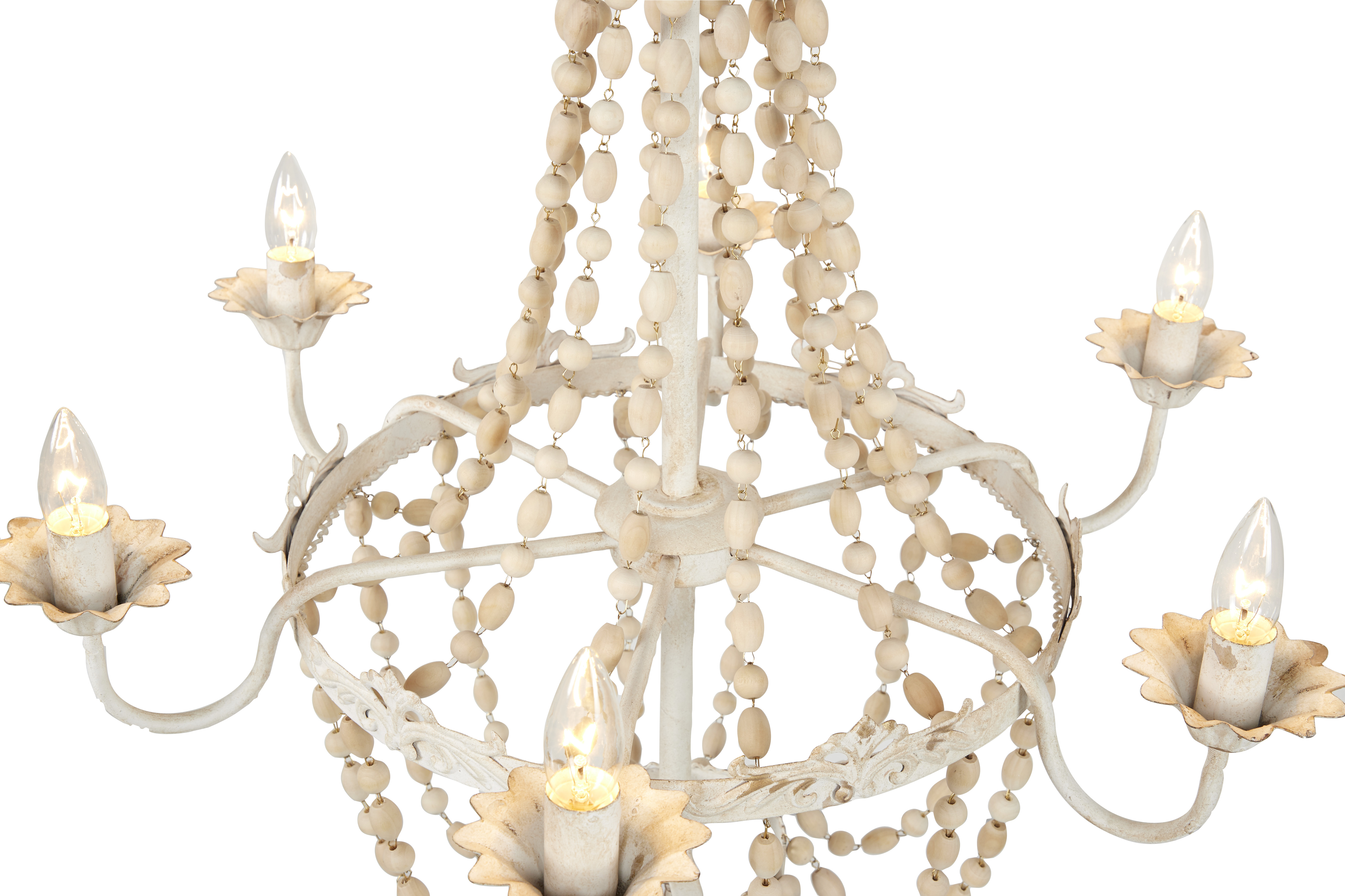 Decmode - Large White Metal and Wood Bead Chandelier, 30” x 34”