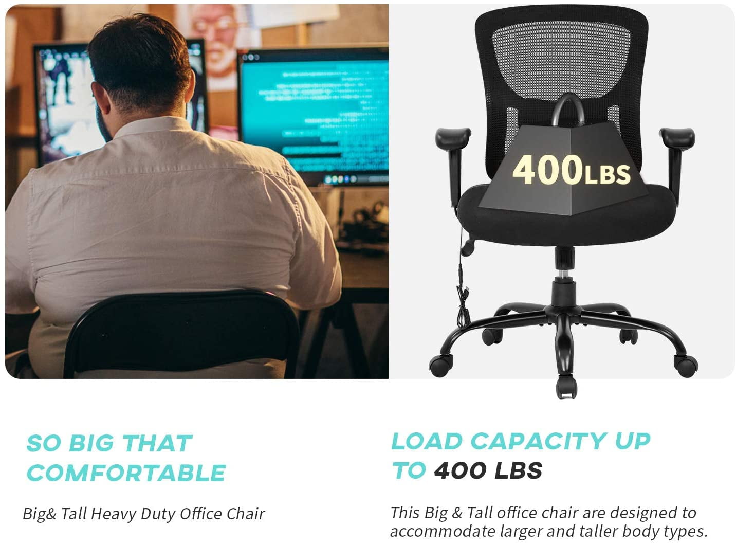 BestOffice Big and Tall Office Chair 400lbs Ergonomic Mesh Computer Desk Chair with Lumbar Support, Black